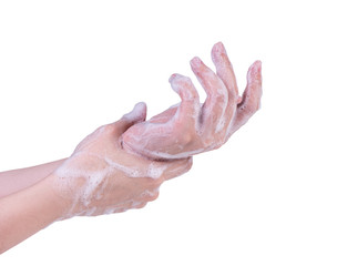 Fototapeta premium Washing hand step instruction isolated on white background. Asian young woman using liquid soap, concept of protecting pandemic coronavirus, close up.