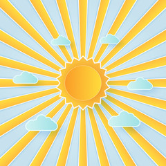 Cloudscape, blue sky with clouds and bright sun, paper art style