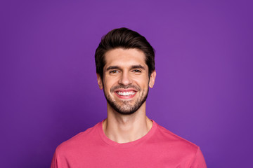 Close-up portrait of his he nice attractive cheerful cheery glad brunette unshaven guy isolated...