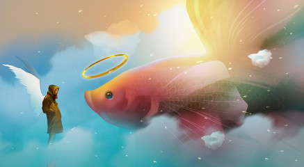 angel standing among angel betta fishes, against the heaven, digital illustration art painting design style.