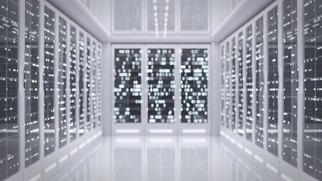 Artificial Intelligence concept. Loopable background shot for portraits. White server room in modern data center. Cloud computing data storage. Flashing light indicators. Hi-tech. Backdrops
