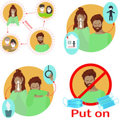 Vector set flat illustration of quarantine rules keeping distance, putting on masks, staying at home