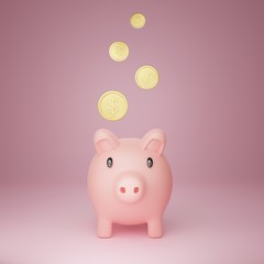 3D Rendering. Piggy bank with falling golden coins on the pink scene. The concept of saving or save money or open a bank deposit or income related to saving money. There is space for copy space.