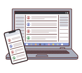 ノートパソコンとスマホのイラスト（チャットツールの画面）・主線あり
