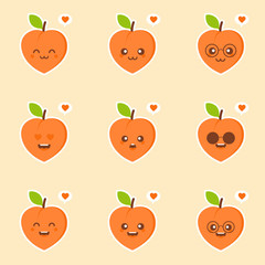Set of adorable cartoon peach mascot in flat style. Vector illustration isolated on color background