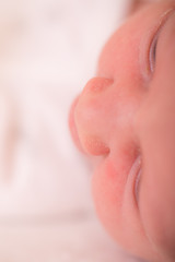 Close up of adorable newborn baby sleeping on white sheets. Sweet infant lying in basket and smiling in sleep. Isolated on white studio background. Concept of girl birth.