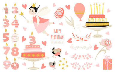 Set of vector illustrations for the design of greeting cards or banners for the birthday of a girl with a cute little fairy, cakes, candles and other accessories.