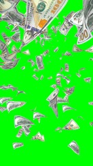Flying dollars banknotes isolated on chromakey. Money is flying in the air. 100 US banknotes new sample. Vertical orientation. 3D illustration