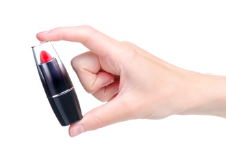 Red lipstick beauty in hand on white background isolation