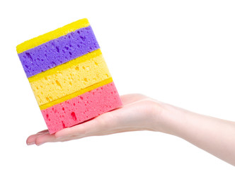 Stack cleaning washing sponges in hand on white background isolation