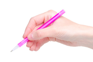 Pink pen in hand on white background isolation