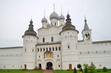 Fototapeta na wymiar Rostov Veliky, Russia - July 24, 2019: Holy gates in the Rostov Kremlin. Golden ring of Russia