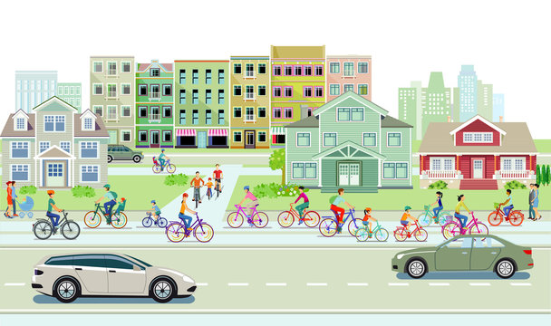 Radfahrer auf dem Radweg und Straßenverkehr mit Fußgänger und Autos auf Städtischerstraße