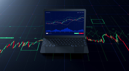 3d rendering of stock exchange concept app running on laptop