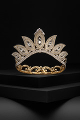 Subject shot of a tiara made as golden leaves adorned with diamond-like gems and clear sparkling rhinestones. The luxury queen crown is fixed on the black stepped surface. © RedUmbrella&Donkey