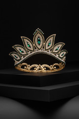 Subject shot of a tiara made as golden leaves adorned with emerald green gems and clear sparkling rhinestones. The luxury queen crown is fixed on the black stepped surface. © RedUmbrella&Donkey