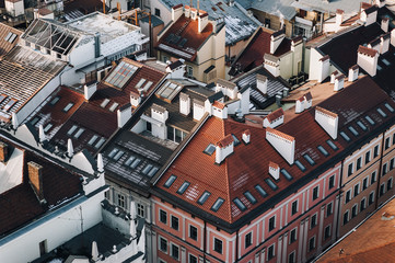 Fototapeta premium View of the red tiled roofs with attic windows. The photo was taken from the tower of the town hall in the center of Lviv, in Ukraine.