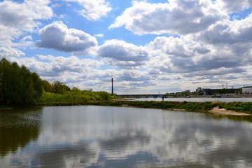 Vistula river in Warsaw, Poland. Low water level in the Vistula river. Landscape of the Vistula wild river bank. 