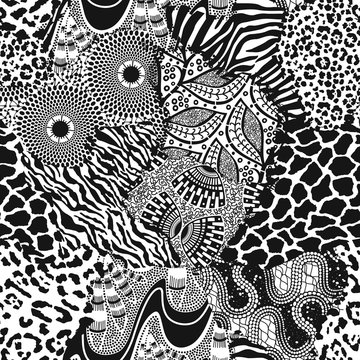 Traditional ethnic african fabric and wild animal skins abstract vector seamless pattern wallpaper in black and white