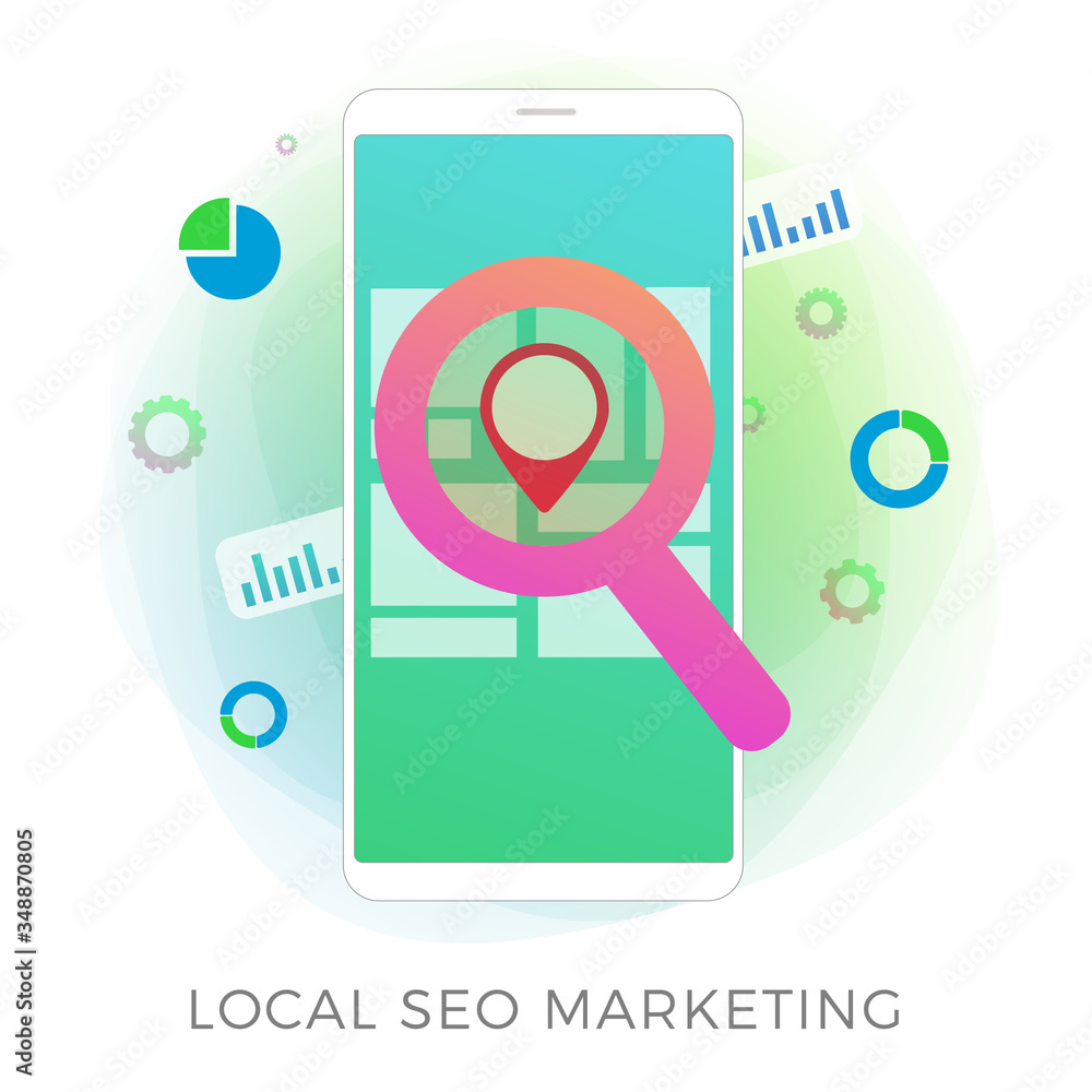 Poster local seo marketing flat vector icon concept. search engine optimization results based on regional a