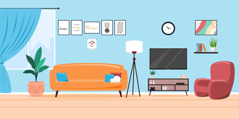 Interior of the living room. Vector banner. Design of a cozy room with sofa, window and decor accessories. Vector illustration about interior