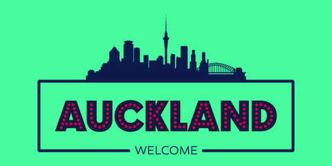 Auckland skyline silhouette flat design typographic vector illustration.