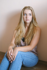 Obraz premium Portrait of beautiful sensual woman with blue eyes. Studio shot.