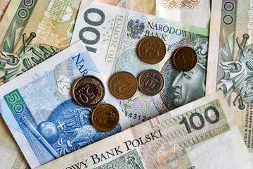 Polish currency banknotes/paper money and coins background. Polish zloty (the masculine from the Polish word 'golden') currency closeup. Financial growth, home budget, saving money, business concept.