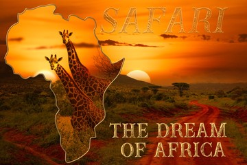 Afrika Sonnenaufgang und Sonnenuntergang mit Elefanten und Giraffen