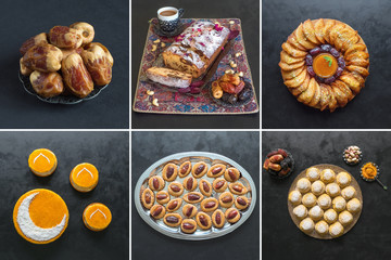 Food collage with various Arabic sweets made from ripe dates on a black background