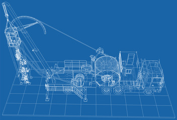 Coiled tubing Truck unit machine. The layers of visible and invisible lines are separated. EPS10 format. Wire-frame.