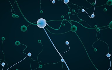 Neural network. Social network. Futuristic dna, deoxyribonucleic acid. Abstract molecule, cell illustration, mycelium. Dark background. 3D illustration