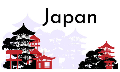 Japanese banner with national houses, pagodas. Vector illustration in a flat style for travel poster, presentation and advertising.