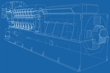 High voltage industrial standby dieasel generator at a power generation. The layers of visible and invisible lines are separated. EPS10 format. Wire-frame.