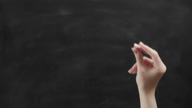 Commercial background. Woman snapping fingers on chalkboard empty space. Set of 7 hand gestures.