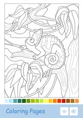 Colorless vector contour image of veiled chameleon sitting on the branch isolated on white and suggested color palette.