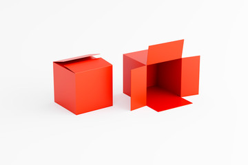 open and closed red box on a white background, two boxes, place for text, place for logo, 3d rendering