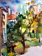 Watercolor colorful bright textured abstract background handmade . Mediterranean landscape . Painting of architecture and vegetation of the city yard , made in the technique of watercolors from nature