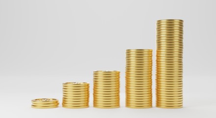 3D Render. Coin stacks. Gold coins arranged from left to right. Ascending Demonstrate better status. concept of monetary collection or strategy of profit or benefit making in business. copy space