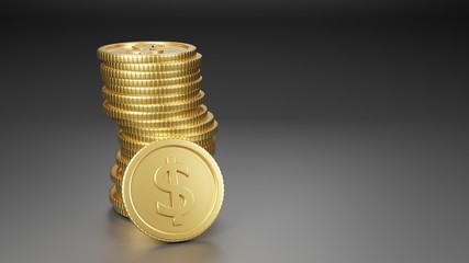 3D Render. Gold shiny coins stack. There is light reflected on the coin on the black scene. The concept of money growth in accounts saving money that is increasing steadily. Copy space.