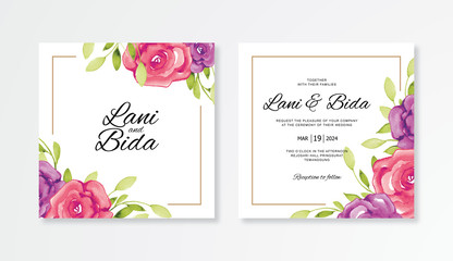 Wedding card template with golden frame watercolor flower