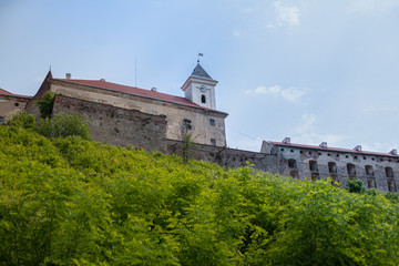 Fototapeta na wymiar castle on the mountain against the background of grass and sky