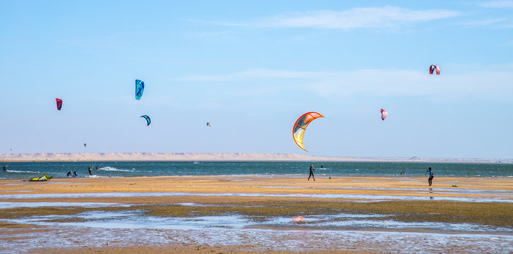 surfers on the Dakhla sea, Western Sahara, Morocco