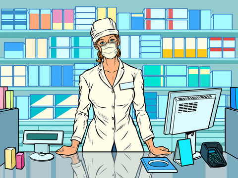 Female pharmacist during an outbreak of the coronavirus. Working in a pharmacy. Medicine sales