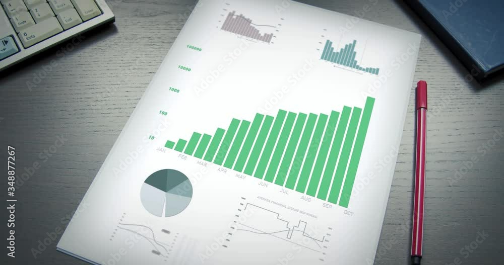 Aufkleber positive graph develops on a piece of paper on an office table. digital graph animation