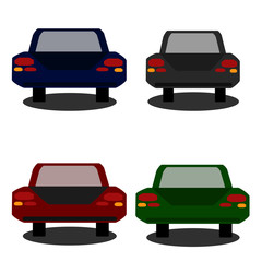 Obraz premium Set of back trunk cars. Sedan automobile in gray, blue, red and green colors isolated on white background. Transport for driving, learning, taxi, communication. Vector illustration in cartoon style