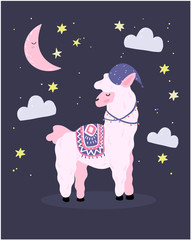 Illustration with pink Llama in a nightcap, picture for a bedroom or print with the moon and stars.
