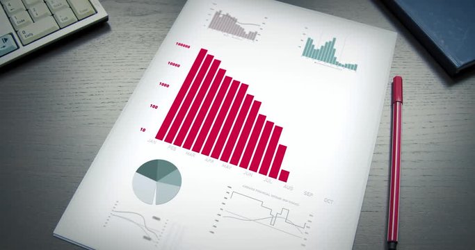 Negative graph develops on a piece of paper on an office table. Digital graph animation