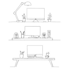 vector, isolated, drawing a continuous line a table with a computer, set
