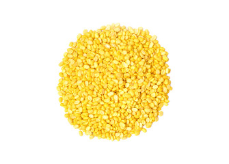 Flat lay Dried mung beans peeled isolated on white background.